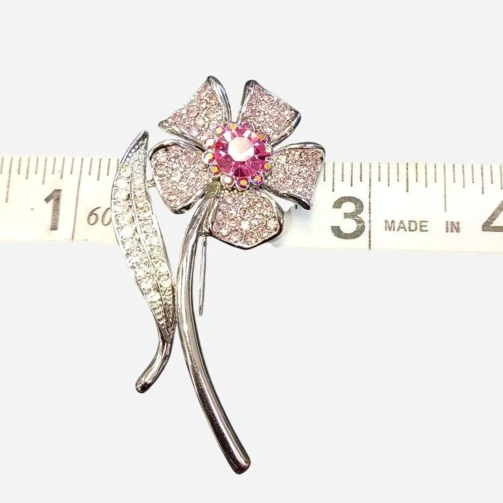 Silver Rhinestone Pink Flower Brooch